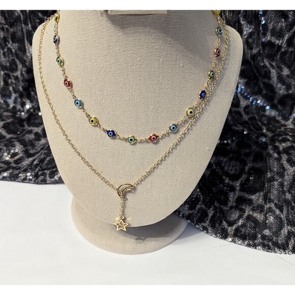 Nordstrom Layered Glass Bead Necklace Star Moon Pendant Gold Toned Chain - Picture 3 of 7